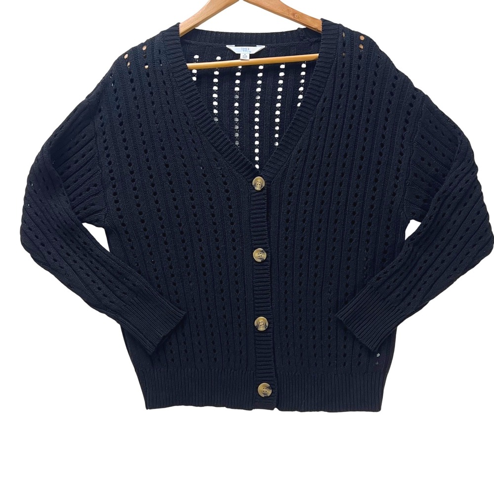 Time and Tru Cardigan Sweater Open Knit Black Crochet look Button Down Sz Small